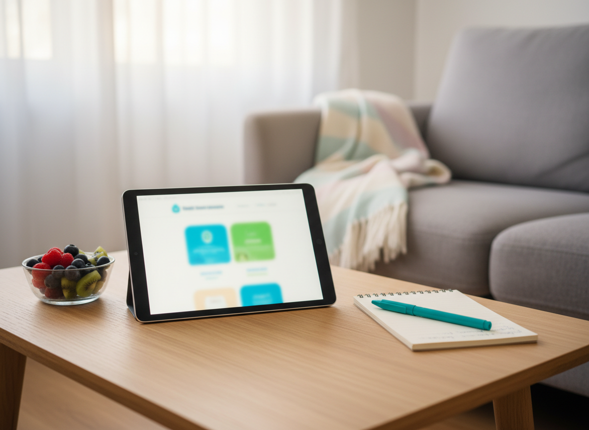 A cozy living room coffee table staged as a place to explore Medicare and health insurance options, captured in photographic realism. A smooth light oak table holds a tablet showing a softly blurred website with colorful, rounded shapes where plan options would appear, beside a tidy notebook, a bright teal pen, and a small bowl of mixed fruit. In the background, a soft gray sofa and pastel throw blanket are gently out of focus. Late-morning natural light filters through sheer curtains, creating a calm, inviting glow. Shot at eye level with a balanced composition, the mood is reassuring and playful, emphasizing comfort and clarity while learning about coverage from home.