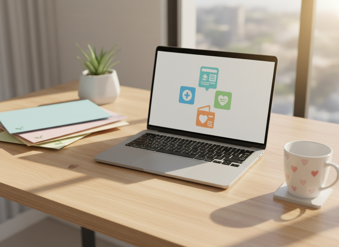 A bright, tidy home office desk scene representing clear insurance guidance, shot in photographic realism. At the center, an open silver laptop displays a softly blurred, colorful dashboard with simple icons resembling health, Medicare, and life coverage options. Around it sit a neat stack of pastel folders, a small green plant, and a ceramic mug with a subtle heart pattern. Warm afternoon light pours in from an unseen window, casting soft shadows and a friendly glow across the light wood surface. Captured from a slightly elevated, three-quarter angle with shallow depth of field, the composition feels approachable and playful, suggesting an easy, welcoming first step into understanding insurance choices.