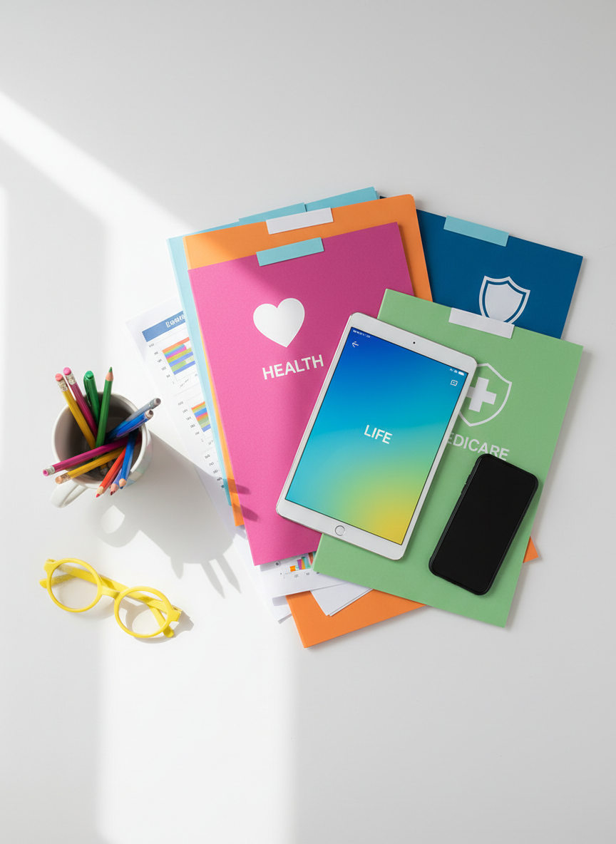 A cheerful flat lay of organized insurance planning materials on a white tabletop, photographed from directly above. Colorful, neatly stacked folders labeled by simple icon-like shapes (a heart for health, a shield for life, a medical cross for Medicare) are arranged around a sleek tablet and a smartphone, both showing soft, abstract interface shapes with no readable text. A pair of quirky, bright-yellow reading glasses and a striped ceramic cup filled with pens add a playful touch. Soft, diffused daylight from the side creates gentle shadows and clear details without harsh contrast. The overall mood is light, friendly, and accessible, suggesting that sorting out coverage can be straightforward and even a little fun.