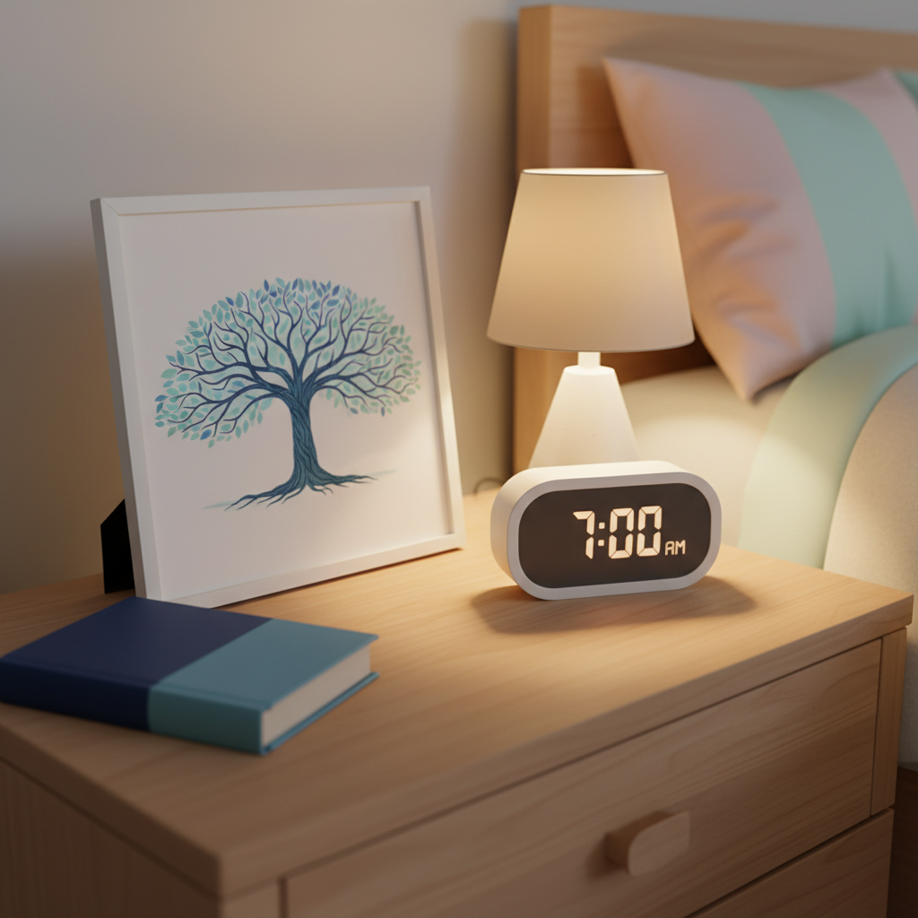 A serene bedroom nightstand scene representing peace of mind from life insurance, rendered in photographic realism. On a smooth, light wood nightstand rests a framed abstract illustration of a stylized tree with many protective branches, a closed hardcover book in soothing blues, and a minimalist alarm clock with rounded edges. A small, warm-toned lamp casts a gentle pool of light, creating soft, elongated shadows and a cozy, secure atmosphere. The bed’s neatly folded, pastel-colored blanket is blurred in the background. Shot at a slight side angle with a shallow depth of field, the composition feels intimate and reassuring, conveying the comfort of knowing loved ones are protected.