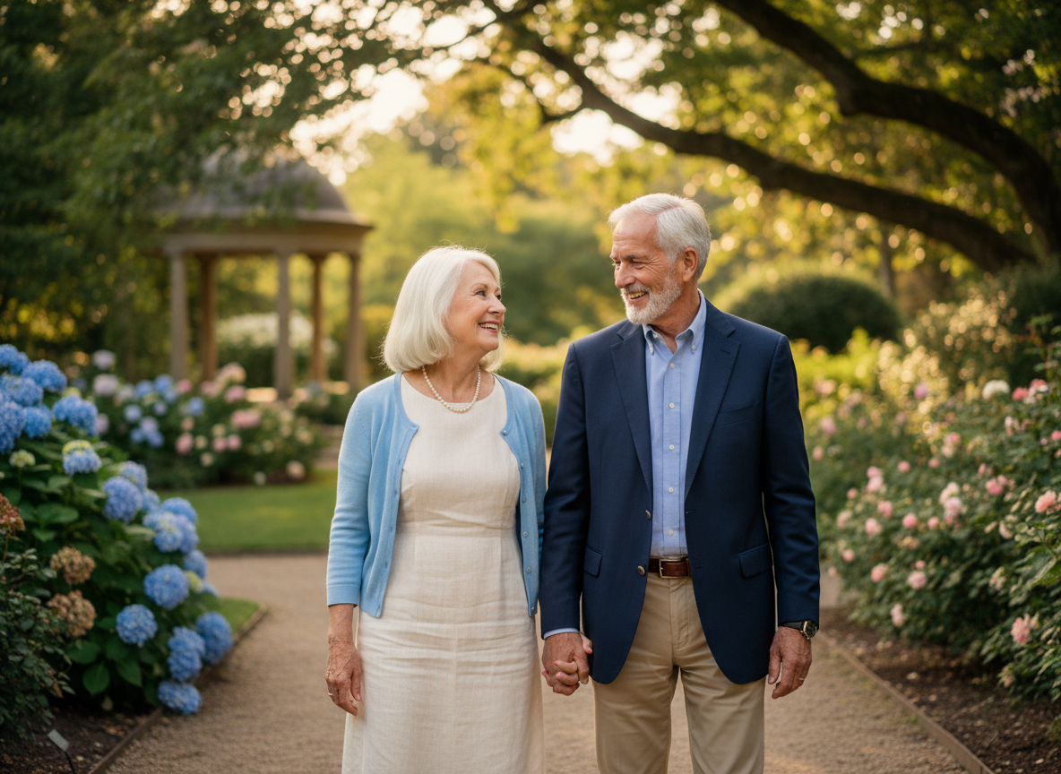 A happy elderly retired couple holding hands outdoors