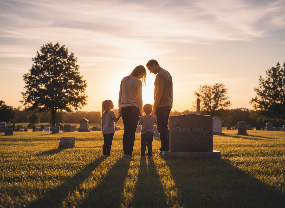 Family silhouette at a gravesite at sunset