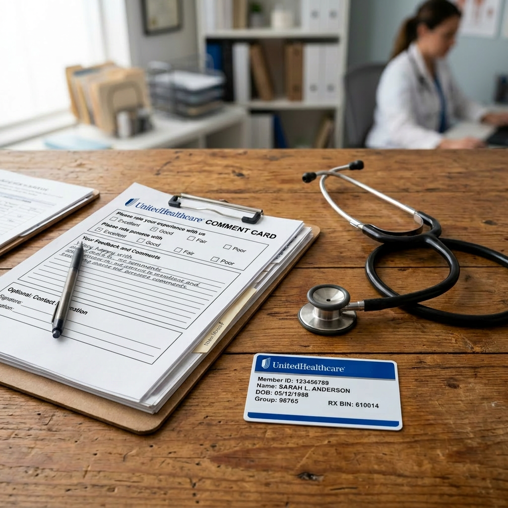 Patient encounter form filled out with healthcare card and stethoscope on wooden table
